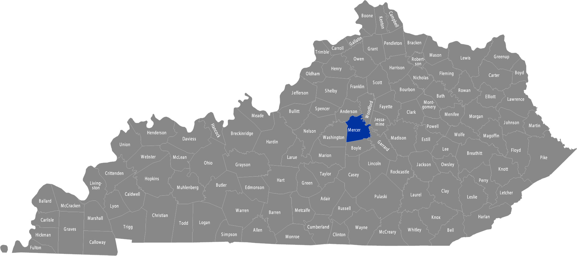 State of Kentucky map with Mercer County highlighted